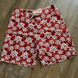 Utility Mens Red Floral Hibiscus Board Shorts Swim Trunks ‎ 34 Drawstring Waist